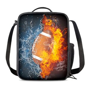 insulated durable lunch box with shoulder strap, teen boys/adult ice fire football small lunch bag, lunch tote box bag for office/picnic/beach