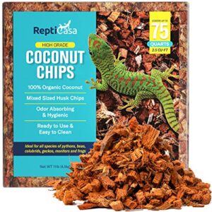 repticasa organic coconut chips expandable substrate block for reptiles, snakes, tortoise, and amphibians, natural fiber free husks, clean breeding and bedding flooring, odor absorbing, up to 75 quart