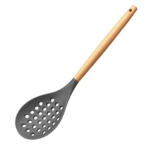 kufung silicone skimmer spoon, bpa-free & heat resistant up to 480°f, wooden handle silicone non-stick kitchen slotted strainer spoon for pasta spaghetti noodles and frying (grey)