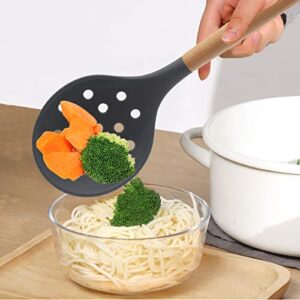 KUFUNG Silicone Skimmer Spoon, BPA-free & Heat resistant up to 480°F, Wooden Handle Silicone Non-Stick Kitchen Slotted Strainer Spoon for Pasta Spaghetti Noodles and Frying (Grey)