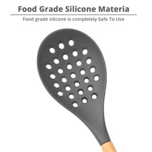 KUFUNG Silicone Skimmer Spoon, BPA-free & Heat resistant up to 480°F, Wooden Handle Silicone Non-Stick Kitchen Slotted Strainer Spoon for Pasta Spaghetti Noodles and Frying (Grey)