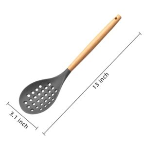 KUFUNG Silicone Skimmer Spoon, BPA-free & Heat resistant up to 480°F, Wooden Handle Silicone Non-Stick Kitchen Slotted Strainer Spoon for Pasta Spaghetti Noodles and Frying (Grey)