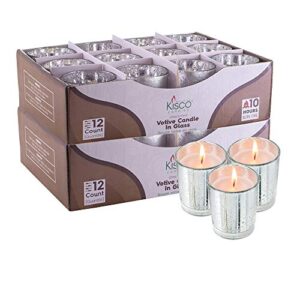 kisco candles votive candles with holders 24-pack 10 hours | silver decorative glass home décor | beautiful living room, kitchen, bathroom lighting | long-lasting wax