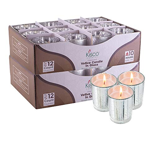 KISCO CANDLES Votive Candles with Holders 24-Pack 10 Hours | Silver Decorative Glass Home Décor | Beautiful Living Room, Kitchen, Bathroom Lighting | Long-Lasting Wax