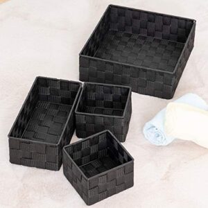 VK Living Woven Storage Box Basket Bin Container, Woven Strap Basket, Nylon Woven Box Basket, Underwear Bra Storage Organizer Divider for Drawer, Dresser, Closet, Black, Set of 4