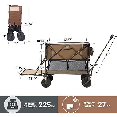 TIMBER RIDGE Folding Double Decker Wagon, Heavy Duty Collapsible Wagon Cart with 54" Lower Decker, All-Terrain Big Wheels for Camping, Sports, Shopping, Garden and Beach, Support Up to 225lbs, Brown