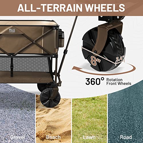 TIMBER RIDGE Folding Double Decker Wagon, Heavy Duty Collapsible Wagon Cart with 54" Lower Decker, All-Terrain Big Wheels for Camping, Sports, Shopping, Garden and Beach, Support Up to 225lbs, Brown
