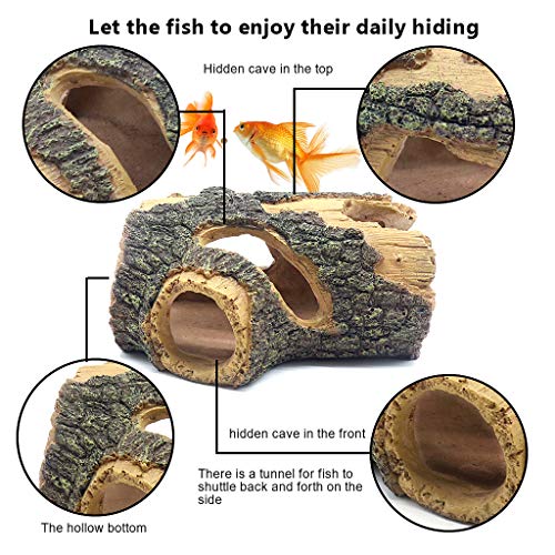 Aihotim Log Resin Hollow Tree Trunk Ornament, Fish Tank Decoration Wood House Aquarium Hideout Caves Decorations for Betta, Turtles, Small Lizards, Reptiles, Amphibians up to 20 Gallon Tank