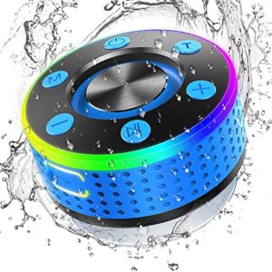 donerton bluetooth shower speaker, ipx-7 waterproof wireless speakers hd sound stereo, portable speaker, led light mini speakers with suction cup, radio, pairing mode, built-in mic, handsfree, blue