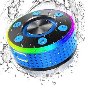 Donerton Bluetooth Shower Speaker, IPX-7 Waterproof Wireless Speakers HD Sound Stereo, Portable Speaker, LED Light Mini Speakers with Suction Cup, Radio, Pairing Mode, Built-in Mic, Handsfree, Blue