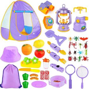 kids camping tent set toys, mibote 45pcs pop up play tent with camping gear indoor outdoor pretend play set for toddler boys girls - including telescope