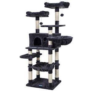 hey-brother multi-level cat tree condo for large cats, cat tower with scratching board, padded plush perch and cozy basket smoky gray mpj0025g