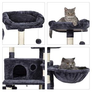 Hey-brother Multi-Level Cat Tree Condo for Large Cats, Cat Tower with Scratching Board, Padded Plush Perch and Cozy Basket Smoky Gray MPJ0025G