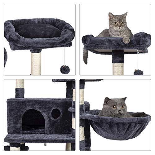 Hey-brother Multi-Level Cat Tree Condo for Large Cats, Cat Tower with Scratching Board, Padded Plush Perch and Cozy Basket Smoky Gray MPJ0025G