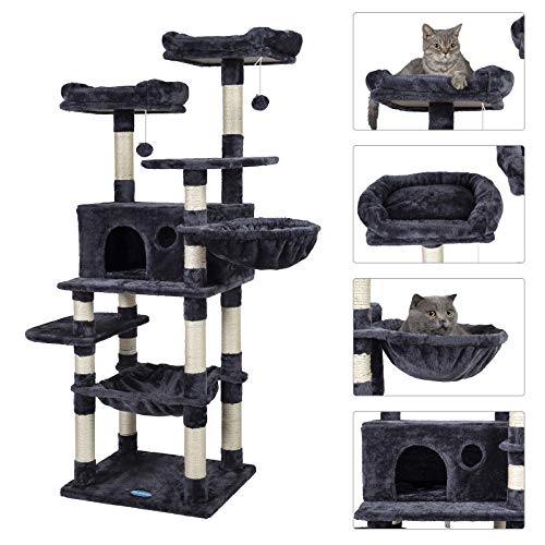 Hey-brother Multi-Level Cat Tree Condo for Large Cats, Cat Tower with Scratching Board, Padded Plush Perch and Cozy Basket Smoky Gray MPJ0025G