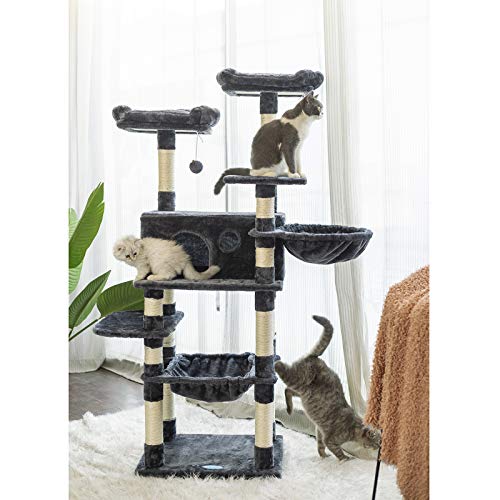 Hey-brother Multi-Level Cat Tree Condo for Large Cats, Cat Tower with Scratching Board, Padded Plush Perch and Cozy Basket Smoky Gray MPJ0025G