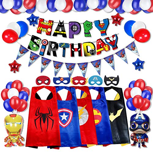 Superhero Themed Birthday Party Supplies Kid's Cosplay Game Costume Avenger Capes & Mask Happy Birthday Banner Balloons Decorations Perfect for Boys and Girls Birthday Party,Super Hero Party Favors