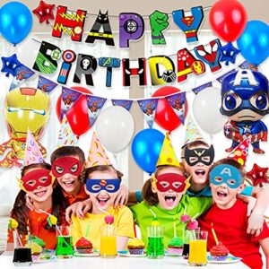 Superhero Themed Birthday Party Supplies Kid's Cosplay Game Costume Avenger Capes & Mask Happy Birthday Banner Balloons Decorations Perfect for Boys and Girls Birthday Party,Super Hero Party Favors