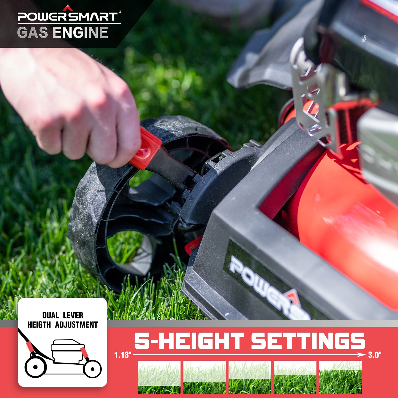 PowerSmart Push Lawn Mower Gas Powered - 17 Inch, 127CC 4-Stroke Engine, 5 Height Positions Adjustable, (1.18''-3.0''), 3 in 1 with Bag