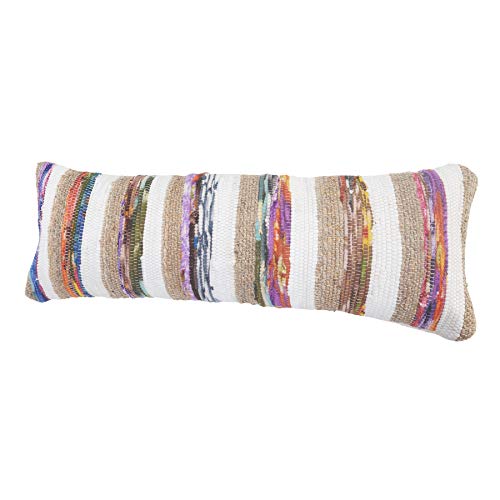 LR Home Multicolored Chindi with Natural Jute Striped Throw Pillow, 1 Count (Pack of 1), White/Tan/Multi