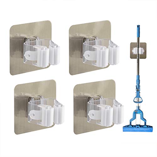 4PCS Mop Broom Holder, Wall Mounted Broom Clip Mop Grippers, Self-Adhesive No Drilling Mop Broom Racks, Super Anti-Slip Utility Hooks for Home, Bathroom, Kitchen, Garden, Garage