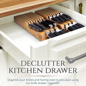 W Selections Bamboo Knife Drawer Organizer Insert - Kitchen Storage Holder for [14~20 Knives & 1~2 Knife Sharpener] Organization - Saves Countertop Space & Made of Premium Quality Moso Bamboo