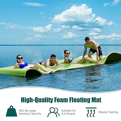 GYMAX Floating Water Mat, 12' x 6' Foam Water Floating Pad with Safe Bungee Tether and Storage Straps, 3-Layer XPE Foam Floating Island for Pool Lake River Outdoor Water Activities (Green)