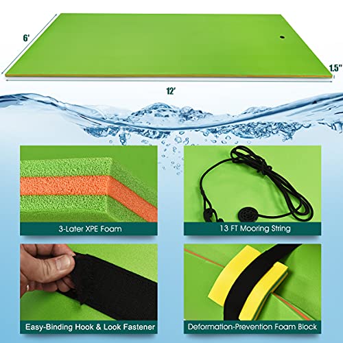 GYMAX Floating Water Mat, 12' x 6' Foam Water Floating Pad with Safe Bungee Tether and Storage Straps, 3-Layer XPE Foam Floating Island for Pool Lake River Outdoor Water Activities (Green)