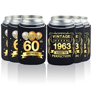 greatingreat 60th birthday can cooler sleeves pack of 12-60th anniversary decorations- vintage 1963-60th birthday party supplies - black and gold fiftieth birthday cup coolers