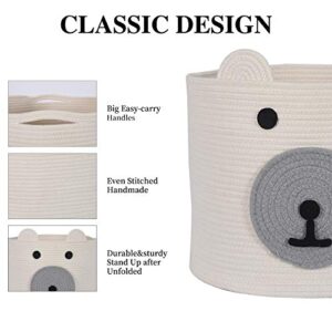 InfiBay Cotton Rope Storage Basket with Cute Bear Design, Woven Laundry Basket with Handles, Baby Nursery Organizer for Toys, Blanket, Clothes, Towels, 12”(D) x 11”(H)