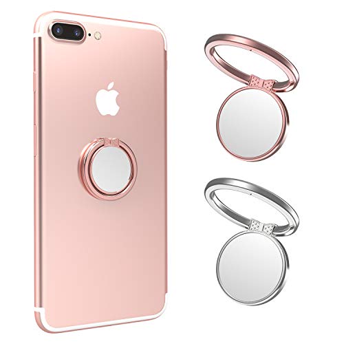 Finger Ring Stand, ICHECKEY Phone Ring Kickstand 360° Rotation Metal Grip Holder for Magnetic Car Mount Compatible with All Smartphone, iPad, Tablet - Rose Gold/Silver (Rose2pcs)