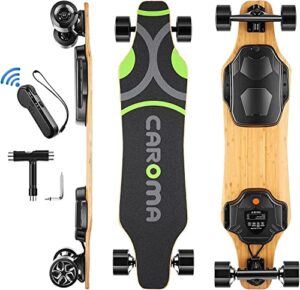 caroma 900w electric skateboards with remote, 28 mph top speed e skateboard, 16 miles range, 330 lbs max load, 12 months warranty, electric longboard for adults teens