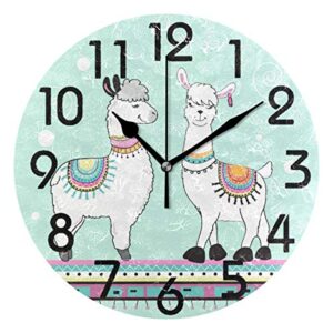 naanle trendy boho cute couple cartoon llama round wall clock, 9.5 inch battery operated quartz analog quiet desk clock for home,kitchen,office,school