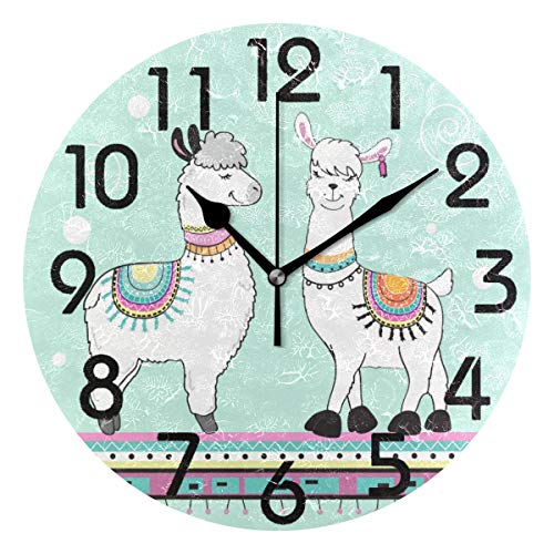 Naanle Trendy Boho Cute Couple Cartoon Llama Round Wall Clock, 9.5 Inch Battery Operated Quartz Analog Quiet Desk Clock for Home,Kitchen,Office,School