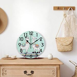 Naanle Trendy Boho Cute Couple Cartoon Llama Round Wall Clock, 9.5 Inch Battery Operated Quartz Analog Quiet Desk Clock for Home,Kitchen,Office,School