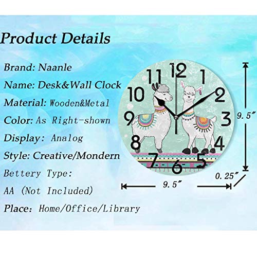 Naanle Trendy Boho Cute Couple Cartoon Llama Round Wall Clock, 9.5 Inch Battery Operated Quartz Analog Quiet Desk Clock for Home,Kitchen,Office,School