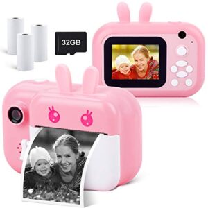 minibear instant camera for kids digital camera for girls toddler camera with print paper, 40mp kids video camera child selfie camera toy camera kids camcorder 2.4 inch screen and 32gb tf card (pink)