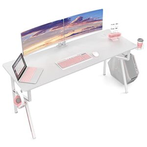 eureka ergonomic white computer desk, 63 x 24 inch k shaped long gaming desk for home office work study writing table with cable management, cup holder, headphone hook, mouse pad, easy to assemble