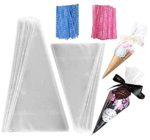 xipegpa 200pcs clear cellophane bags cone 2 sizes for treat bags for popcorn candy bags triangle plastic party gift bags with 200 pcs twist ties 2 mix colors ties and 2 colour ribbons