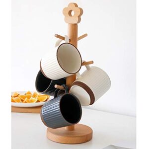 panow soild wood countertop mug tree, drying storage rack holder, cups stand with 6 hooks, coffee counter bar accessory, kitchen organizer