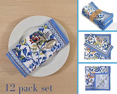 Cloth Napkins Set of 12 Cotton Linen Blend Printed Dinner Napkins Perfect for Parties Dinners Weddings Cocktail Christmas Napkins Cloth 20x20 Blue Floral