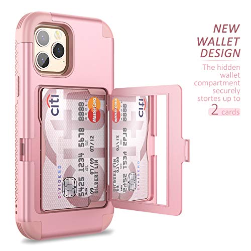 WeLoveCase for iPhone 12/ for iPhone 12 Pro Wallet Case with Credit Card Holder & Hidden Mirror, Defender Three Layer Shockproof Heavy Duty Cover for iPhone 12/ for 12 Pro 2020, 6.1 inch Rose Gold