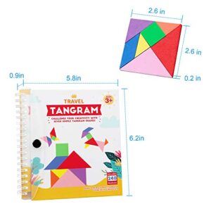 Vanmor Travel Tangram Puzzle - 3 Sets of Magnetic Tangram with 240 Solution - Montessori Shape Pattern Blocks Jigsaw Road Trip Games IQ Book Educational Toy Brain Teaser Gift for Kids Adults Challenge