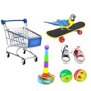 parrot toys 7pcs, mini shopping cart - training rings - skateboard, shoes and ball - parrot standing training toys parrot intelligence toy for budgie parakeet cockatiel bird toy part (color random)