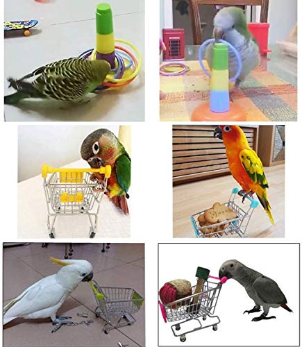 Parrot Toys 7PCS, Mini Shopping Cart - Training Rings - Skateboard, Shoes and Ball - Parrot Standing Training Toys Parrot Intelligence Toy for Budgie Parakeet Cockatiel Bird Toy Part (Color Random)