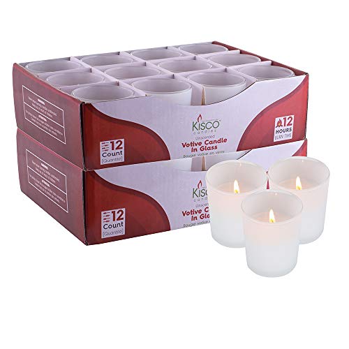 KISCO CANDLES Votive Candles with Holders 24-Pack 12 Hours | Frosted White Decorative Glass Home Décor | Beautiful Living Room, Kitchen, Bathroom Lighting | Long-Lasting Wax