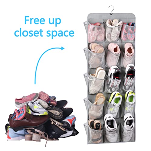 MISSLO 30 Large Pockets Dual Sided Hanging Shoe Organizer for Closet with Rotating Hanger Hanging Shoe Shelves, Grey