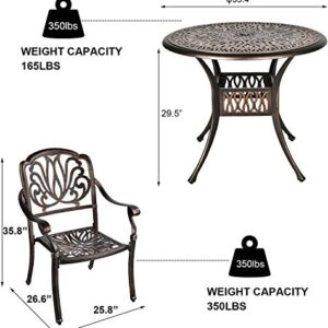 Grepatio 3 Piece All Weather Cast Aluminum Dining Set - 2 Elizabeth Chairs and 35.4" Bistro Table with Umbrella Hole -Outdoor Furniture Dining Set for Patio