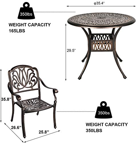 Grepatio 3 Piece All Weather Cast Aluminum Dining Set - 2 Elizabeth Chairs and 35.4" Bistro Table with Umbrella Hole -Outdoor Furniture Dining Set for Patio