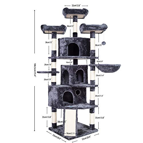 Hey-brother XL Size Cat Tree, 73.4 inch Cat Tower with 3 Caves, 3 Cozy Perches, Scratching Posts, Board, Activity Center Stable for Kitten/Gig Cat